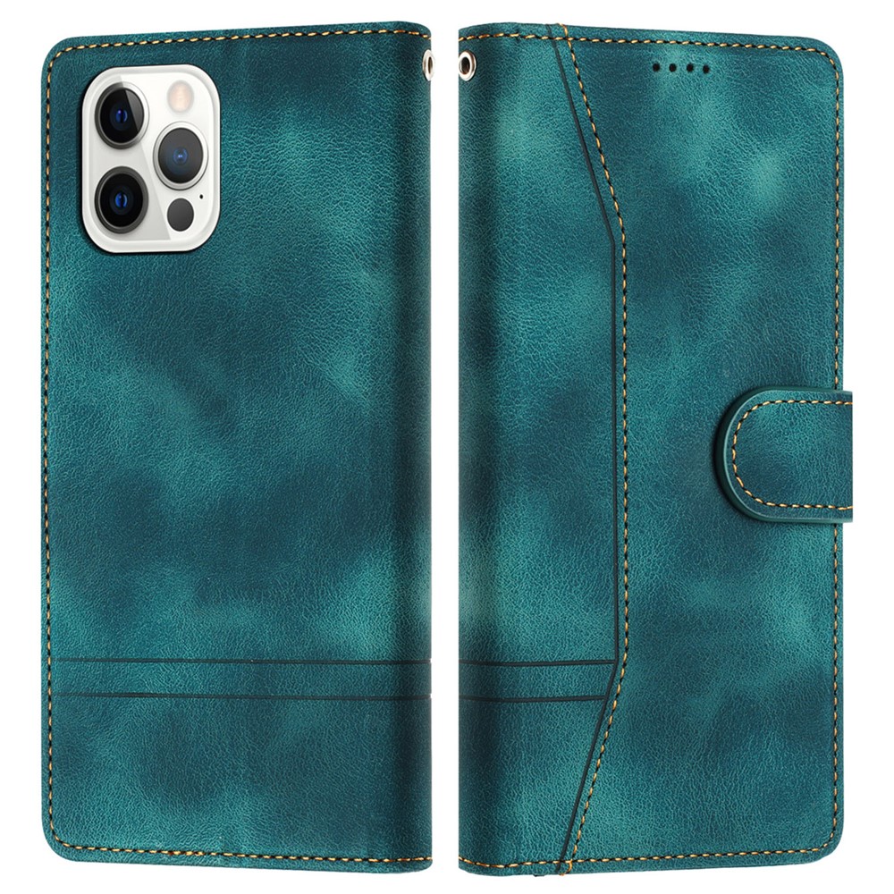 L002 For iPhone 12 / 12 Pro 6.1 inch Retro Lines Imprinted Phone Cover Leather Stand Wallet Case - Green