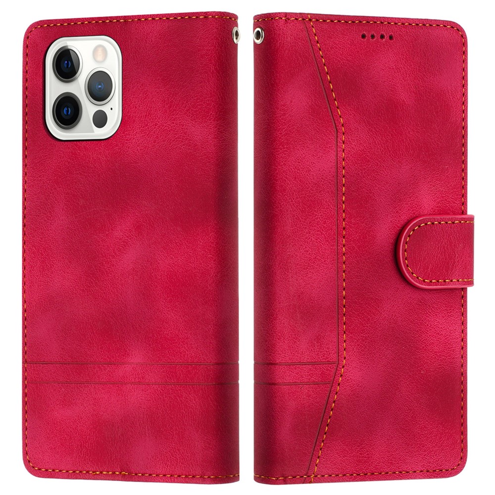 L002 For iPhone 12 / 12 Pro 6.1 inch Retro Lines Imprinted Phone Cover Leather Stand Wallet Case - Red