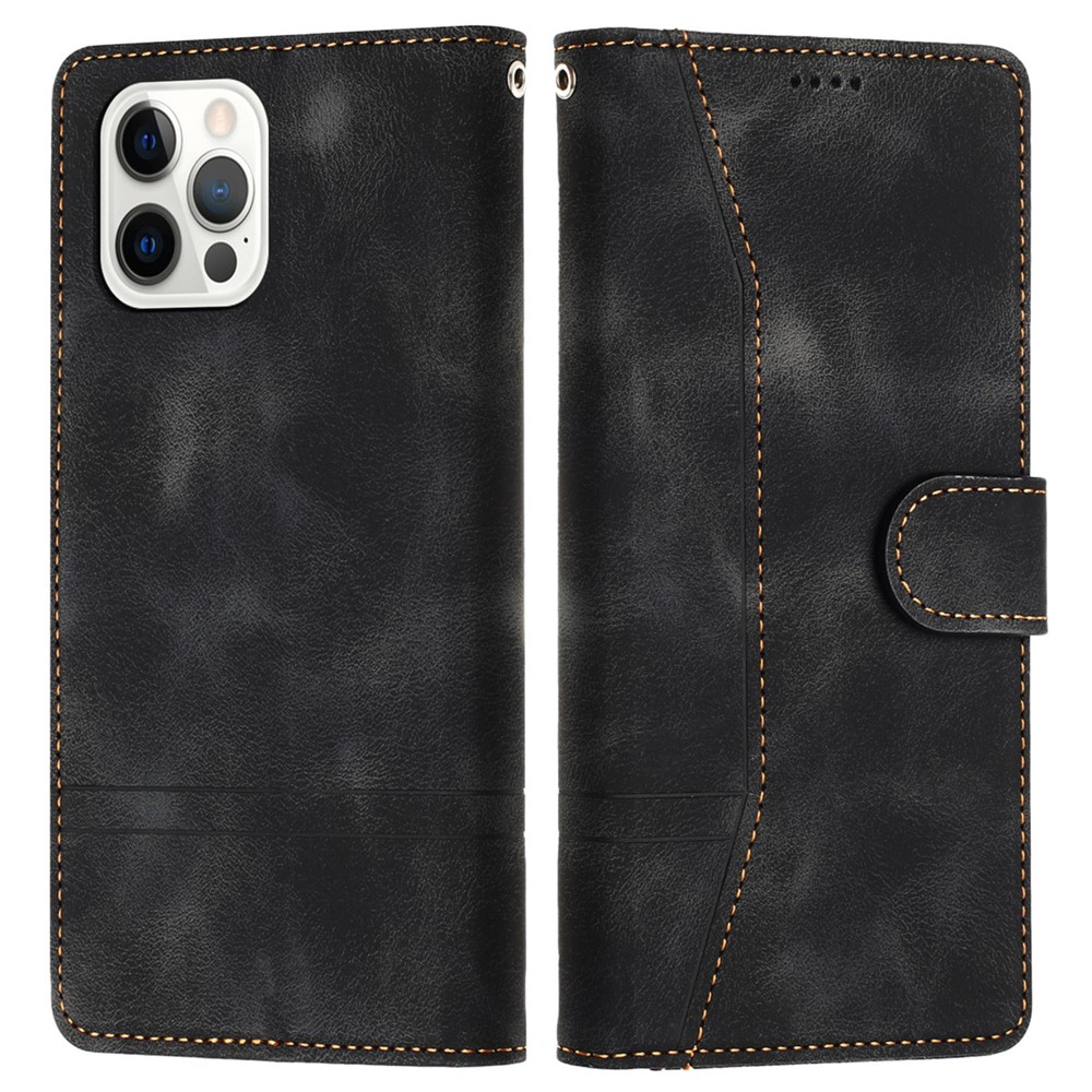 L002 For iPhone 12 / 12 Pro 6.1 inch Retro Lines Imprinted Phone Cover Leather Stand Wallet Case - Black