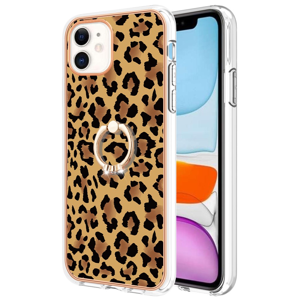 YB IMD Series-20 Style D For iPhone 11 IMD Pattern 2.0mm TPU Case Electroplating Ring Kickstand Phone Cover - Leopard