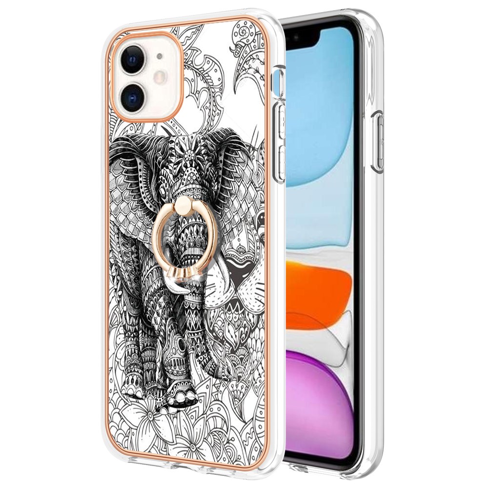 YB IMD Series-20 Style D For iPhone 11 IMD Pattern 2.0mm TPU Case Electroplating Ring Kickstand Phone Cover - Totem Elephant