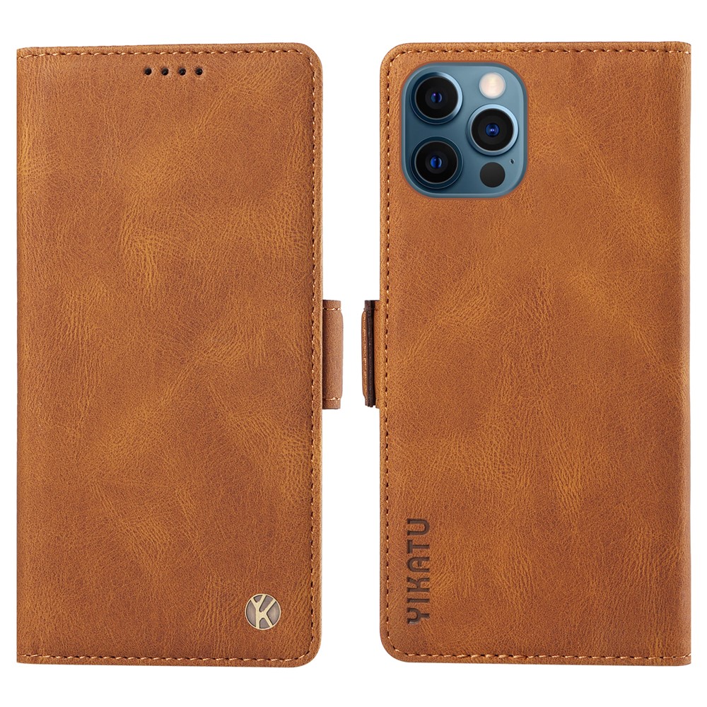 YIKATU YK-005 PU Leather Wallet Case for iPhone 12 / 12 Pro , Skin-touch Stand Magnetic Closure Phone Cover - Brown