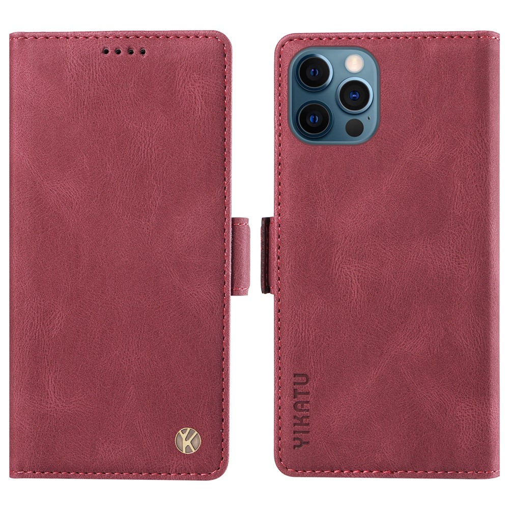 YIKATU YK-005 PU Leather Wallet Case for iPhone 12 / 12 Pro , Skin-touch Stand Magnetic Closure Phone Cover - Wine Red