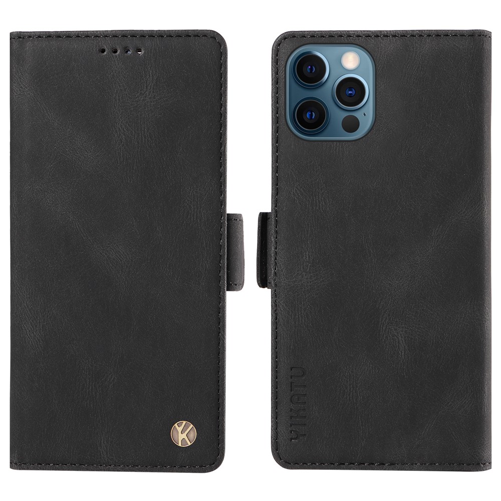 YIKATU YK-005 PU Leather Wallet Case for iPhone 12 / 12 Pro , Skin-touch Stand Magnetic Closure Phone Cover - Black