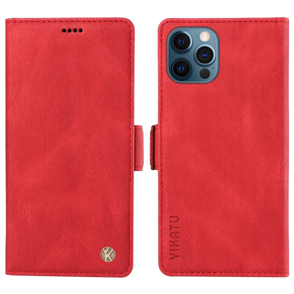 YIKATU YK-005 PU Leather Wallet Case for iPhone 12 / 12 Pro , Skin-touch Stand Magnetic Closure Phone Cover - Red
