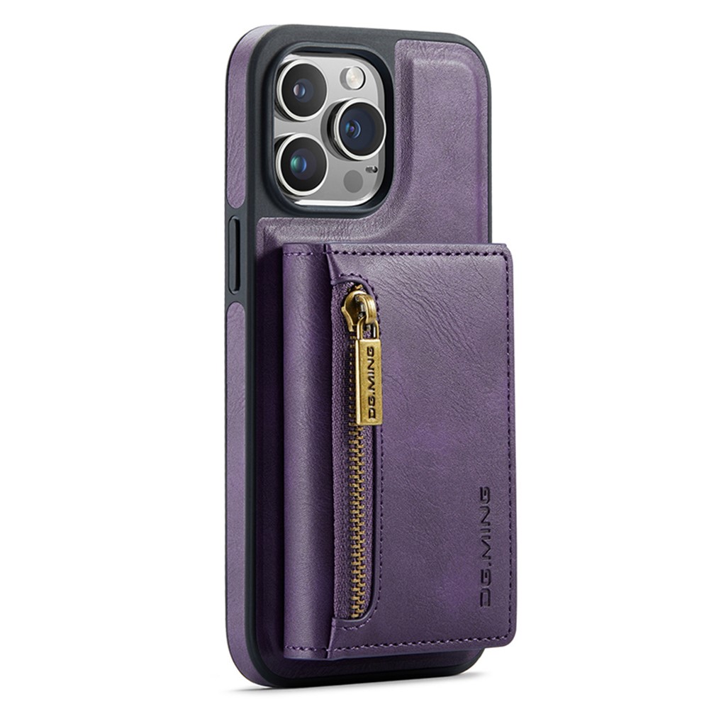 DG.MING M5 Series For iPhone 12 / 12 Pro Case Tri-fold Wallet PU+PC+TPU Phone Cover - Purple