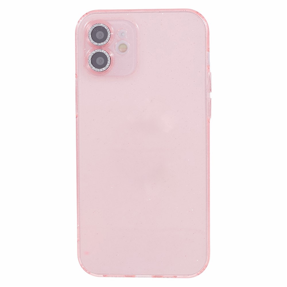 For iPhone 12 Case Anti-drop Glitter Powder TPU Phone Cover with Lens Protector - Pink