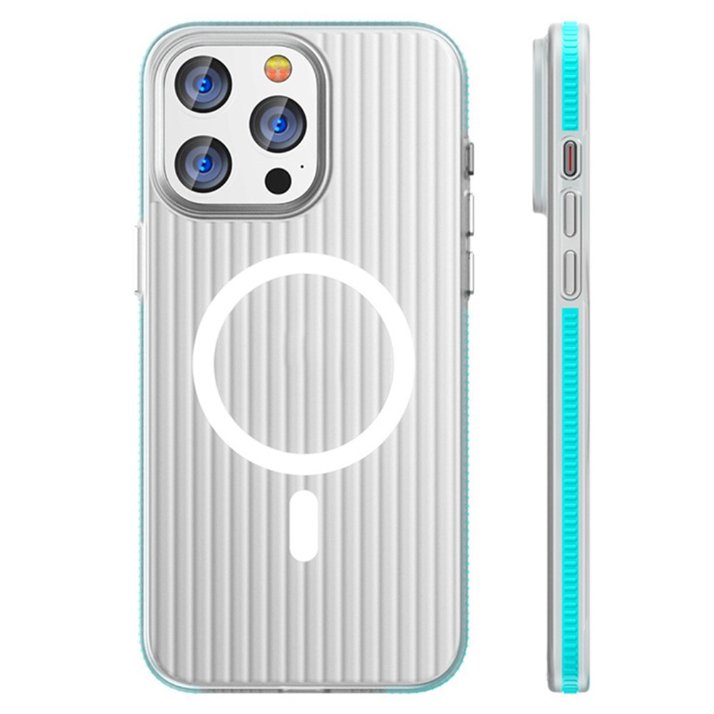 For iPhone 14 Pro Max Case Compatible with MagSafe Corrugated Texture Matte PC Phone Cover - Blue Edge