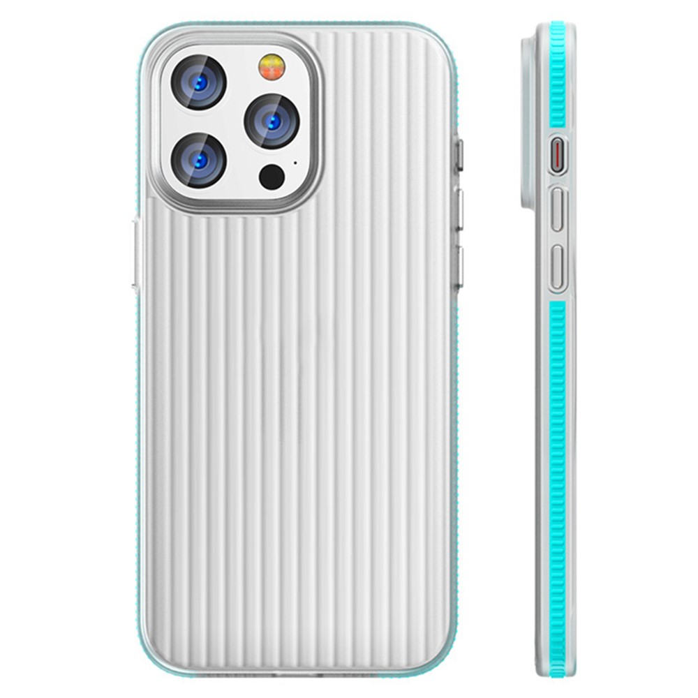For iPhone 14 Pro Case Corrugated Texture Fingerprint Free Matte PC Phone Cover - Blue Edge