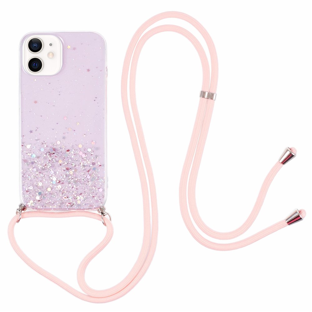 AW Series for iPhone 12 Pro / 12 Case Sparkle Epoxy TPU Phone Shell with Lanyard - Pink