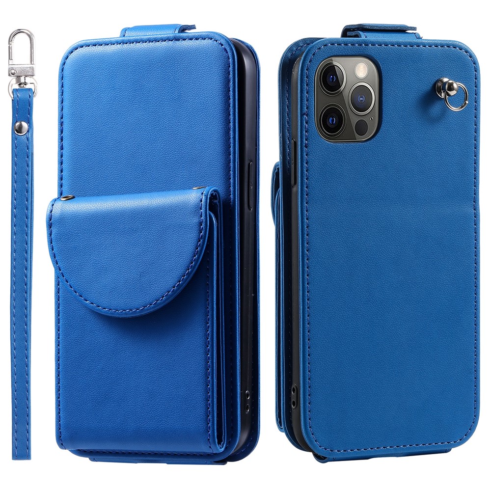 For iPhone 12 / 12 Pro PU Leather + TPU Phone Case Vertical Card Holder Phone Cover with 2 Straps - Blue
