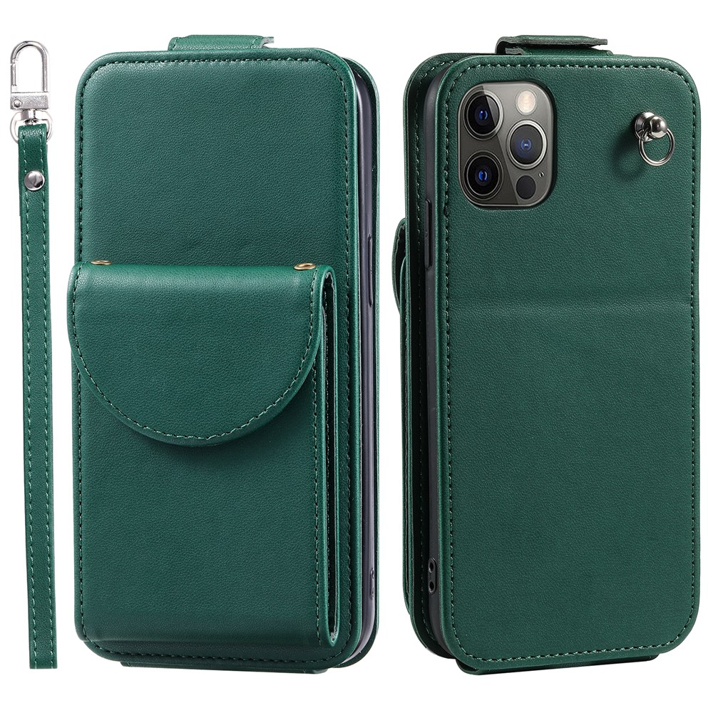 For iPhone 12 / 12 Pro PU Leather + TPU Phone Case Vertical Card Holder Phone Cover with 2 Straps - Green