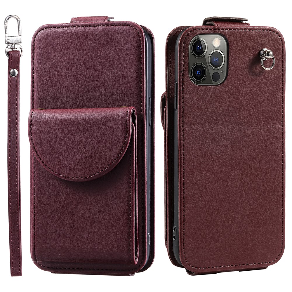 For iPhone 12 / 12 Pro PU Leather + TPU Phone Case Vertical Card Holder Phone Cover with 2 Straps - Wine Red