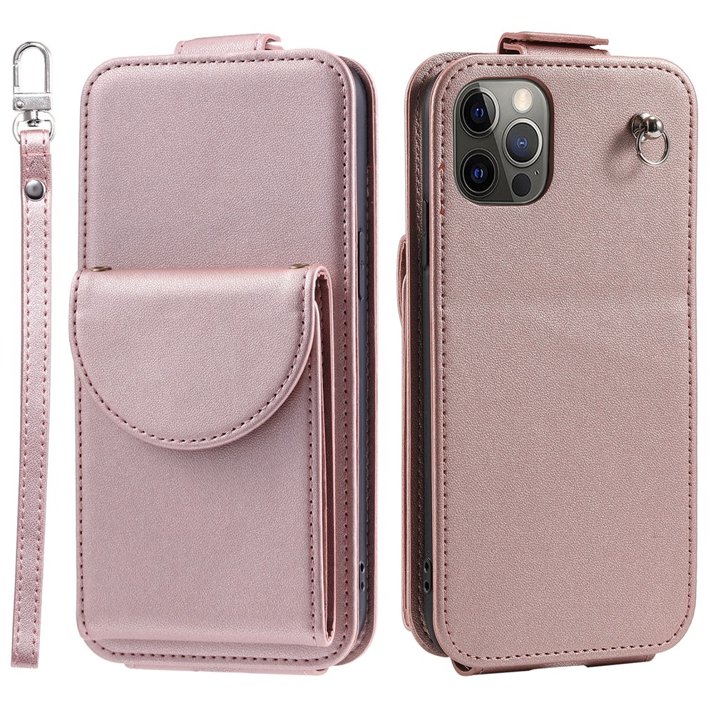 For iPhone 12 / 12 Pro PU Leather + TPU Phone Case Vertical Card Holder Phone Cover with 2 Straps - Rose Gold