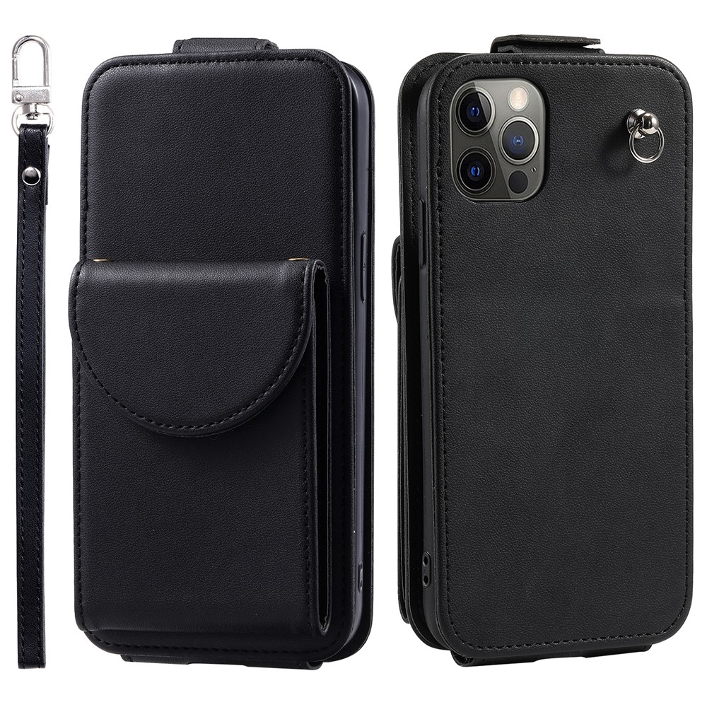 For iPhone 12 / 12 Pro PU Leather + TPU Phone Case Vertical Card Holder Phone Cover with 2 Straps - Black