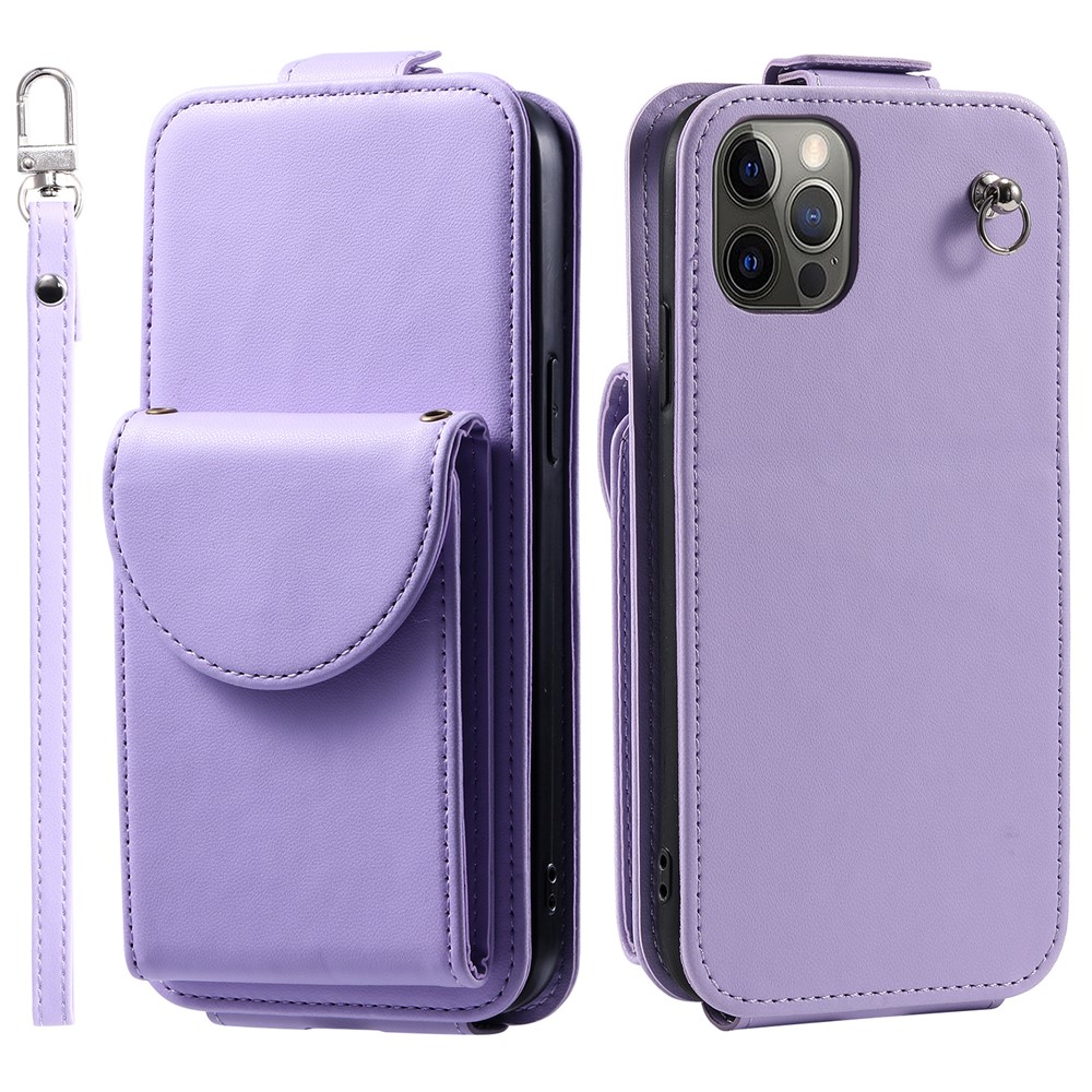 For iPhone 12 / 12 Pro PU Leather + TPU Phone Case Vertical Card Holder Phone Cover with 2 Straps - Purple