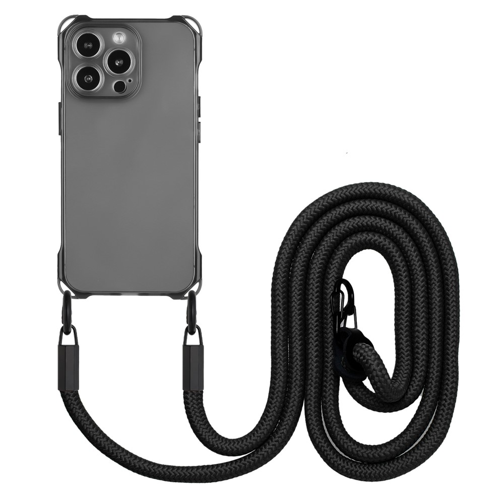 For iPhone 12 Pro 6.1 inch Case Cushioned Corners TPU Phone Cover with Shoulder Strap - Black