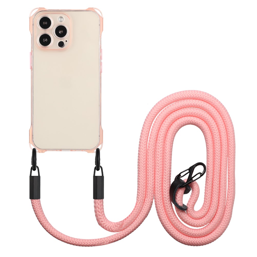 For iPhone 12 Pro 6.1 inch Case Cushioned Corners TPU Phone Cover with Shoulder Strap - Pink