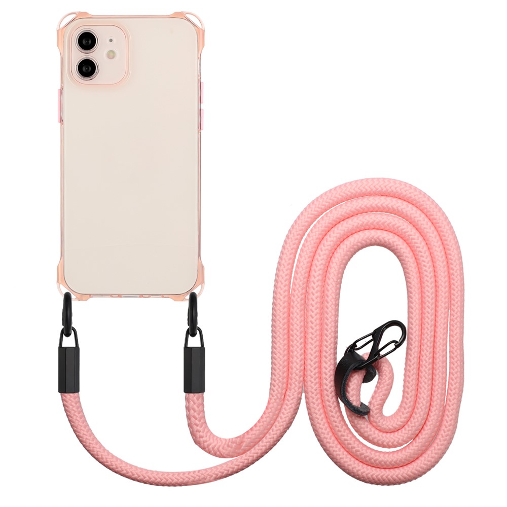 For iPhone 12 Case Protective Shockproof TPU Phone Cover with Rope - Pink