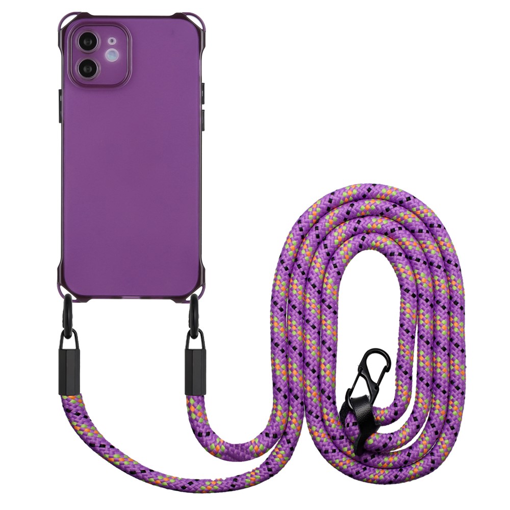 For iPhone 12 Case Protective Shockproof TPU Phone Cover with Rope - Purple