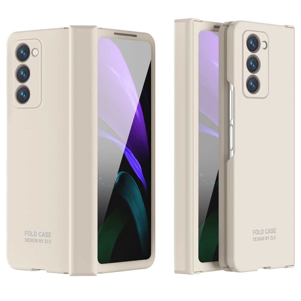 For Samsung Galaxy Z Fold2 5G Hard PC Case Anti-scratch Phone Cover with Tempered Glass Film- Beige