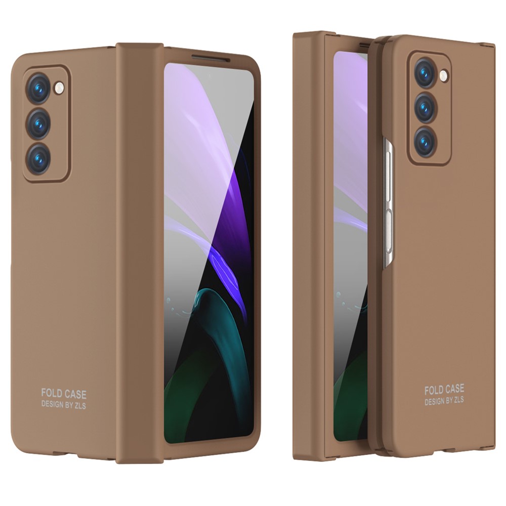 For Samsung Galaxy Z Fold2 5G Hard PC Case Anti-scratch Phone Cover with Tempered Glass Film - Brown