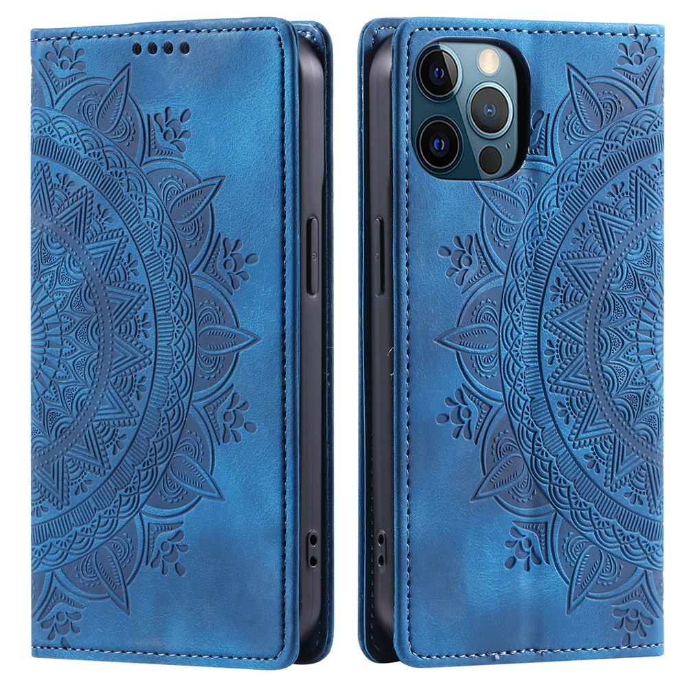 PU Leather Phone Shell for iPhone 12 Pro Case Magnetic Imprinted Stand Phone Cover - Blue