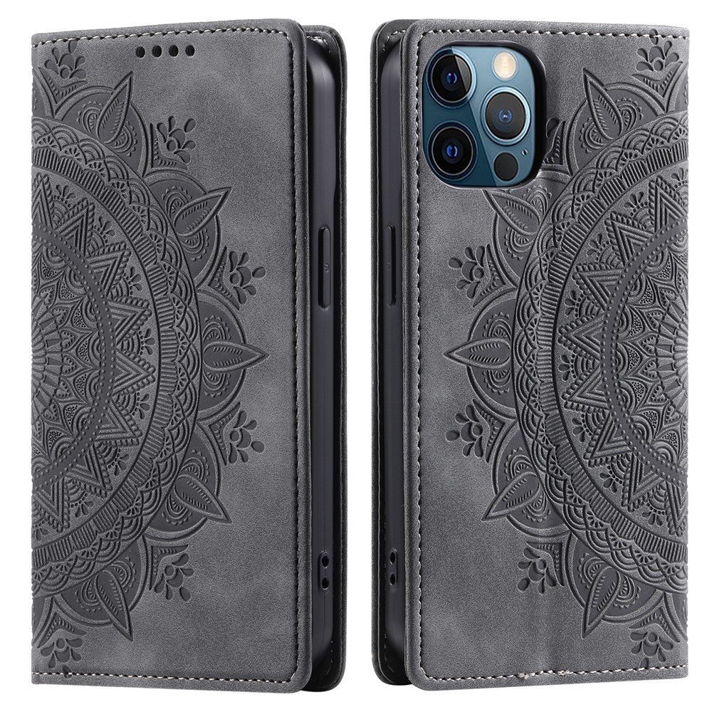 PU Leather Phone Shell for iPhone 12 Pro Case Magnetic Imprinted Stand Phone Cover - Grey