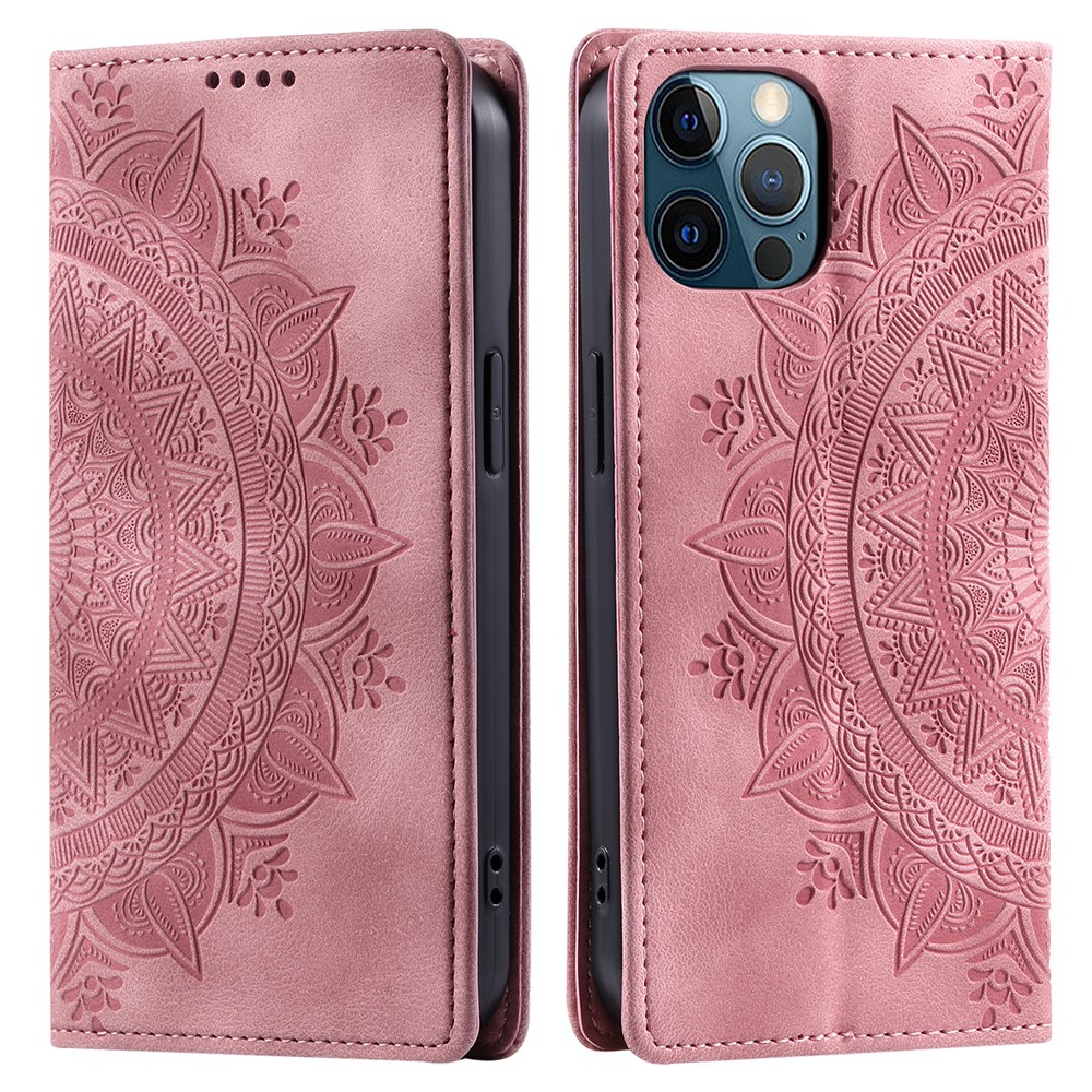 PU Leather Phone Shell for iPhone 12 Pro Case Magnetic Imprinted Stand Phone Cover - Rose Gold