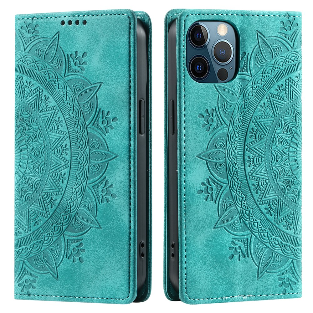 PU Leather Phone Shell for iPhone 12 Pro Case Magnetic Imprinted Stand Phone Cover - Mint Green