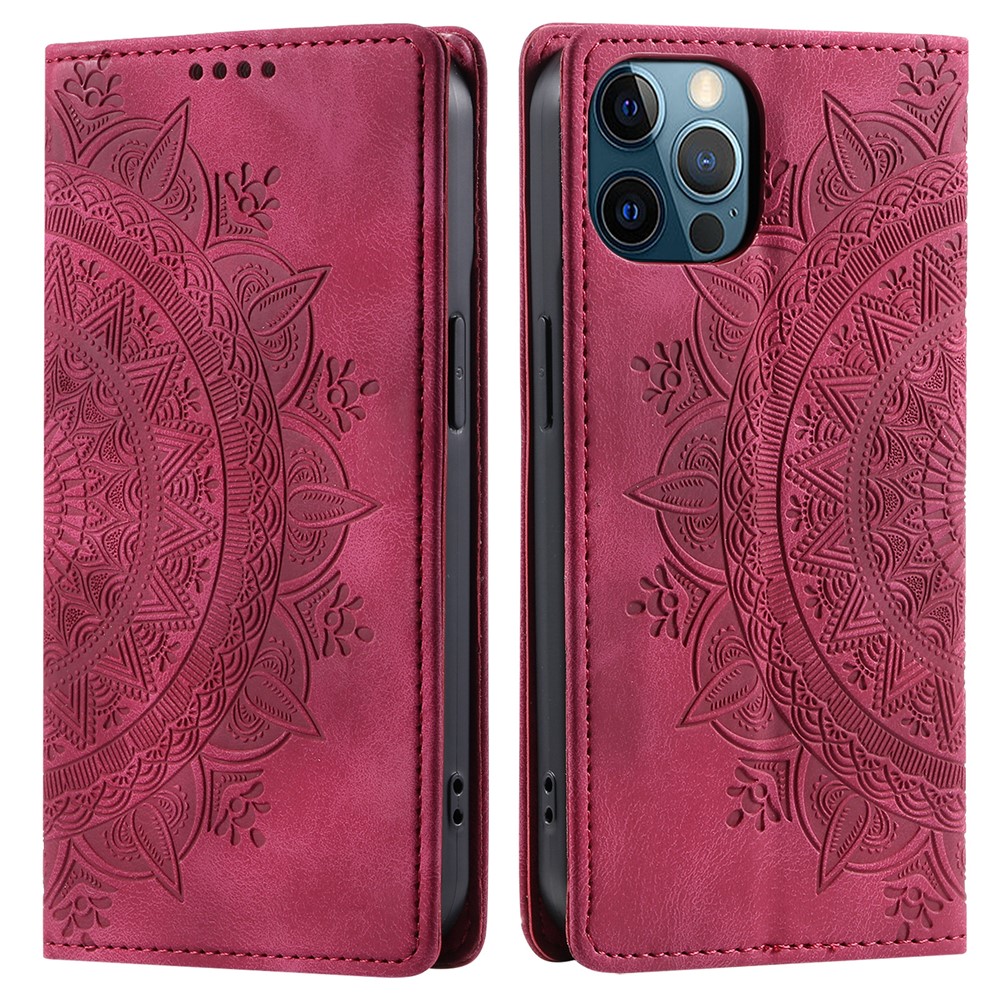 PU Leather Phone Shell for iPhone 12 Pro Case Magnetic Imprinted Stand Phone Cover - Rose