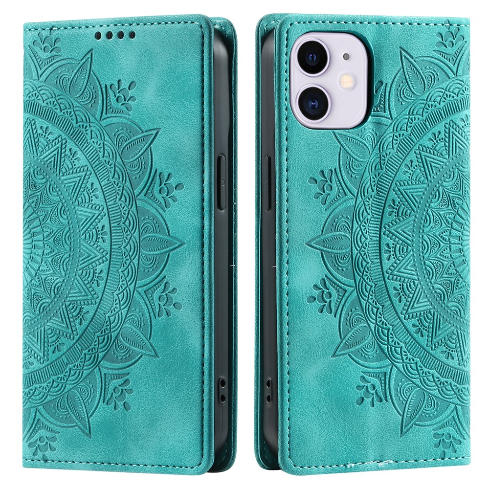 For iPhone 11 Case Anti-Scratch Wallet PU Leather Magnetic Imprinted Stand Phone Cover - Mint Green