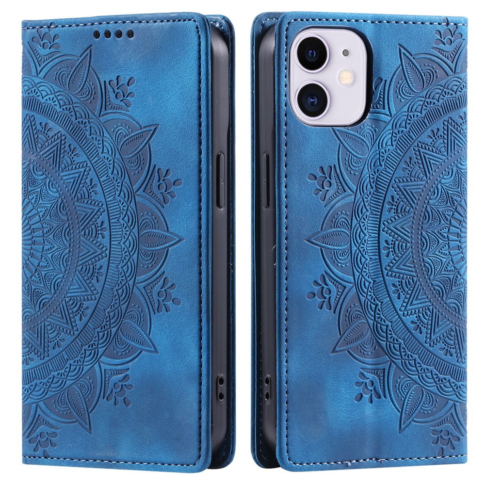 For iPhone 11 Case Anti-Scratch Wallet PU Leather Magnetic Imprinted Stand Phone Cover - Blue