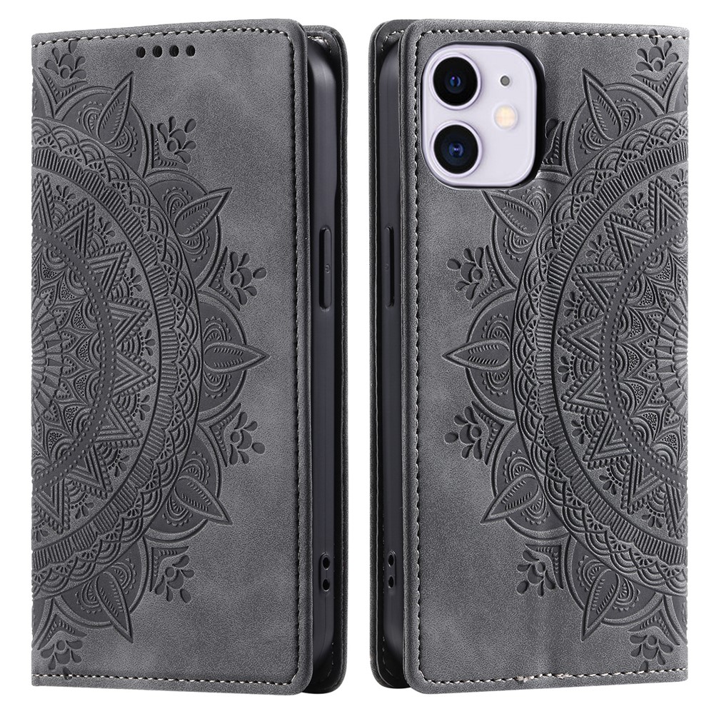 For iPhone 11 Case Anti-Scratch Wallet PU Leather Magnetic Imprinted Stand Phone Cover - Grey