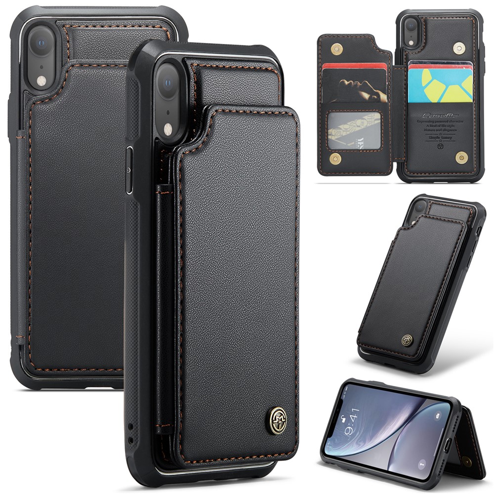 For iPhone XR Phone Case CASEME C22 Leather Back Cover with RFID Blocking Card Slots - Black