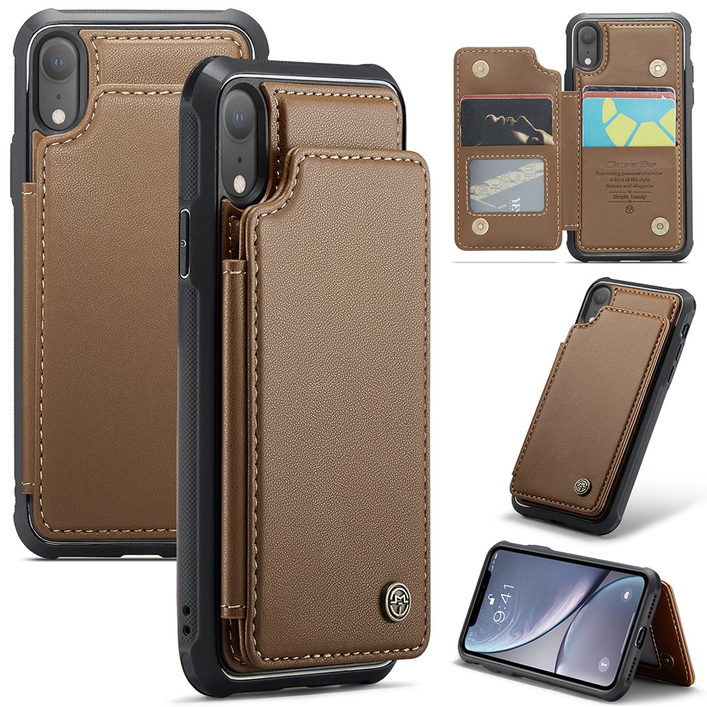 For iPhone XR Phone Case CASEME C22 Leather Back Cover with RFID Blocking Card Slots - Brown