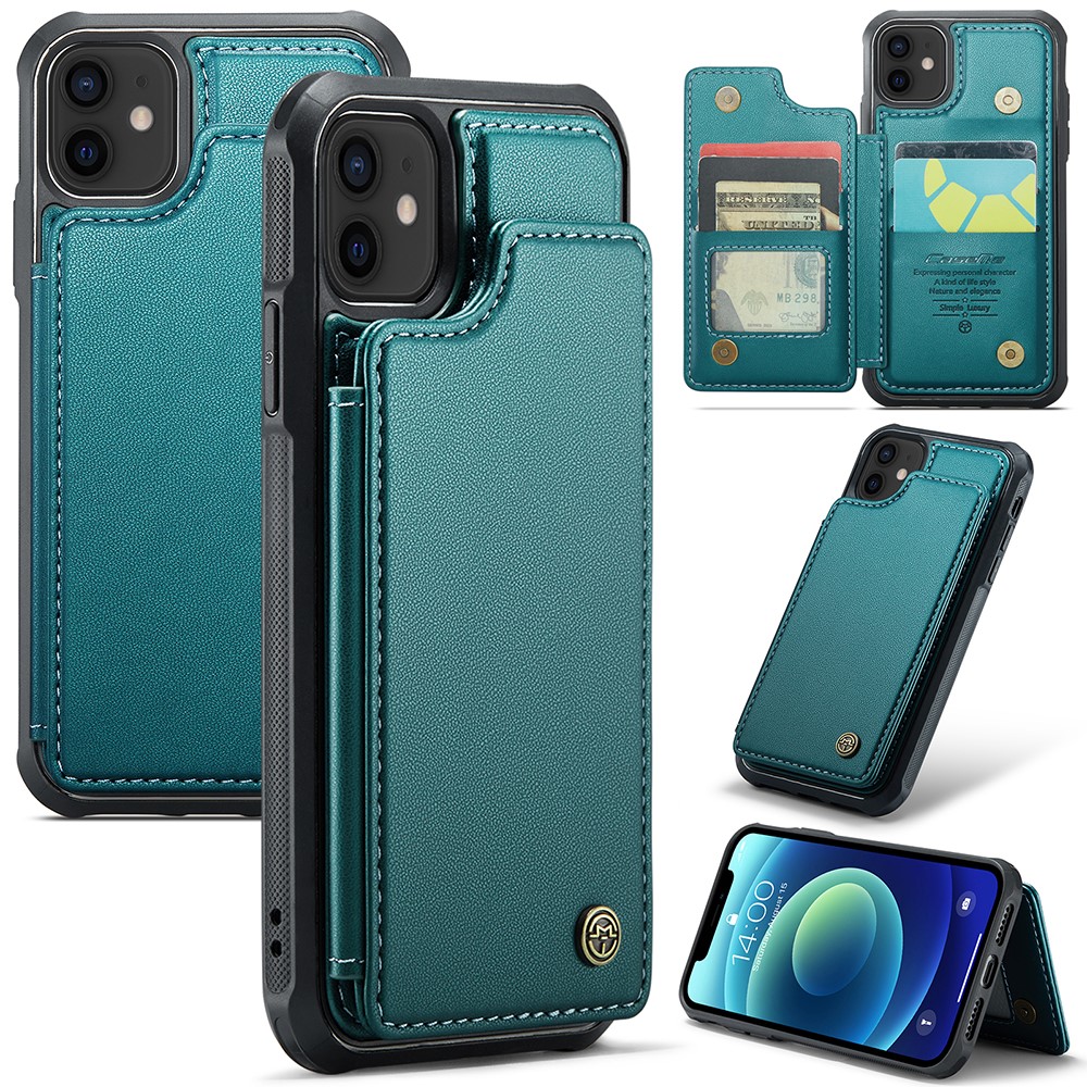 For iPhone 12 / 12 Pro Phone Case CASEME C22 Leather Back Cover with RFID Blocking Card Slots - Green