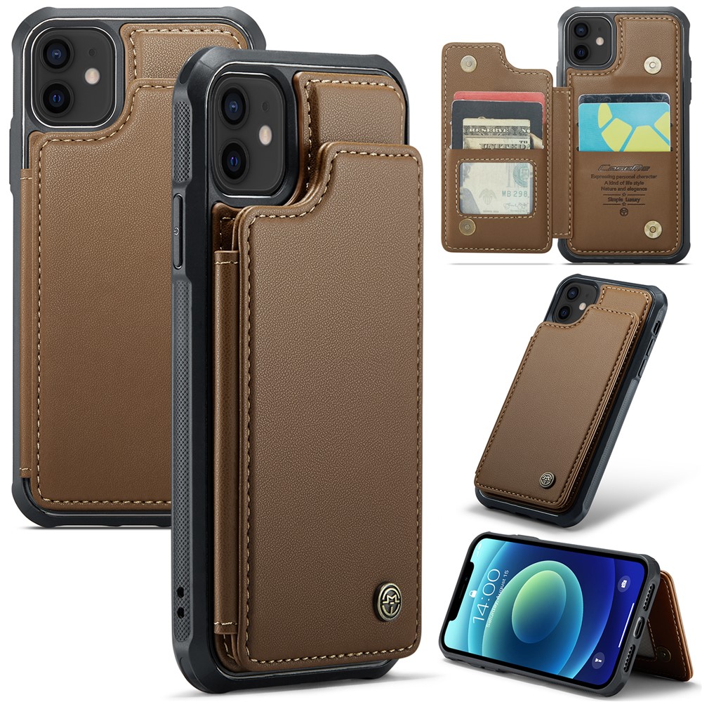 For iPhone 12 / 12 Pro Phone Case CASEME C22 Leather Back Cover with RFID Blocking Card Slots - Brown