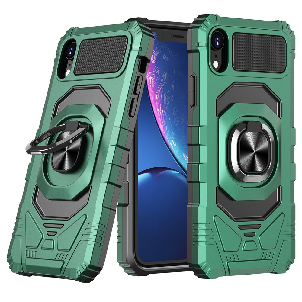 Bulk Purchasing For iPhone XR 6.1 inch Case PC+TPU Anti-Shock Ring Kickstand Cell Phone Cover - Midnight Green