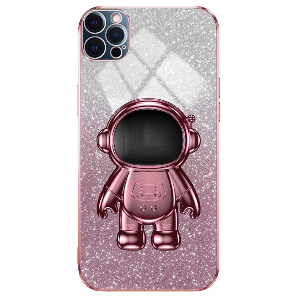 Glittery Powder Decor Cover for iPhone 12 Pro Case Kickstand PC+TPU Phone Shell - Pink