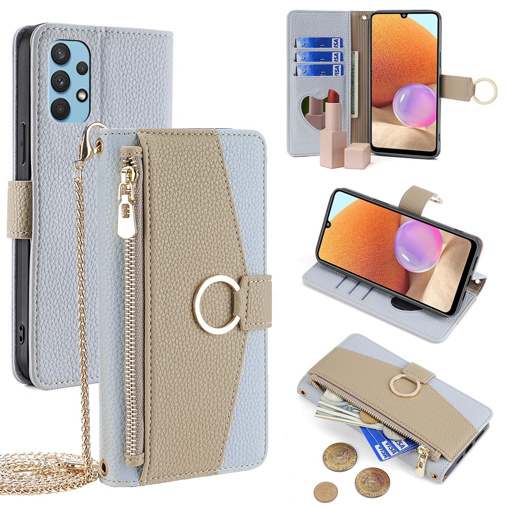 For Samsung Galaxy A32 4G (EU Version) Case PU Leather Wallet Cover with Crossbody Shoulder Strap - Blue