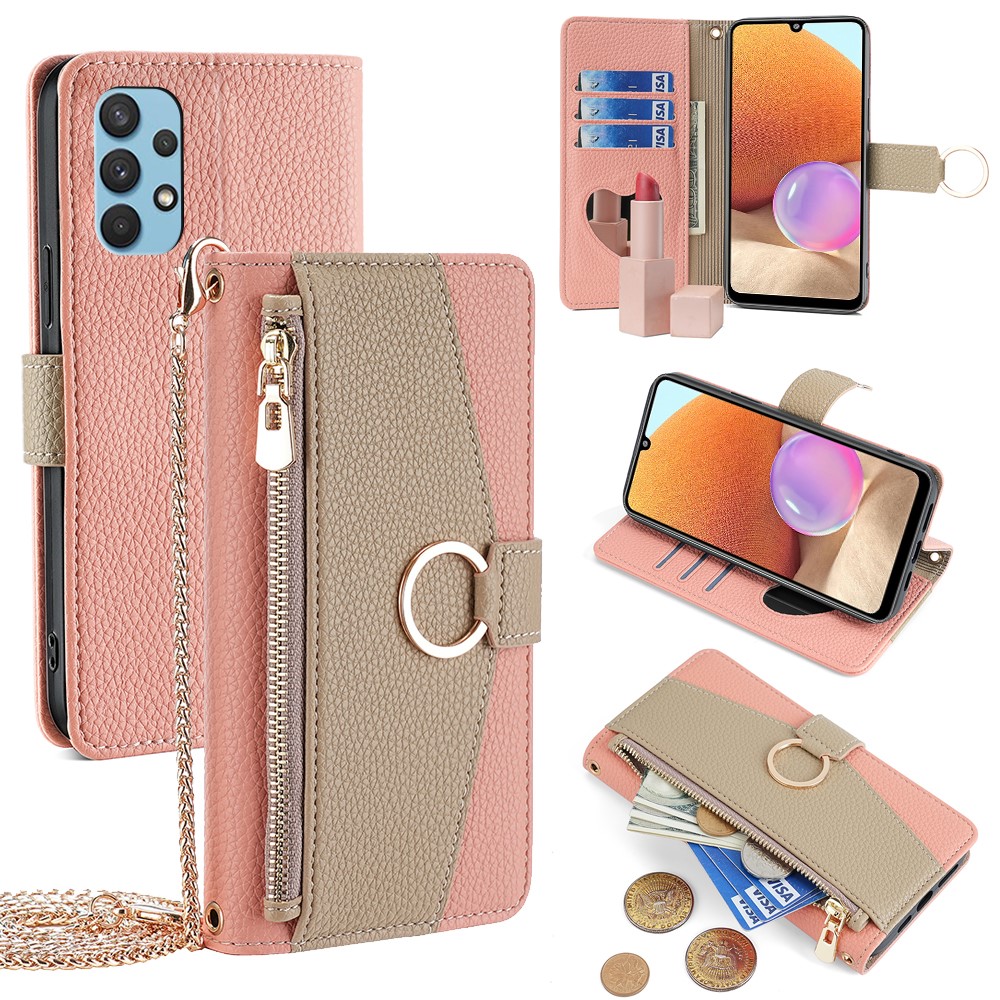 For Samsung Galaxy A32 4G (EU Version) Case PU Leather Wallet Cover with Crossbody Shoulder Strap - Pink