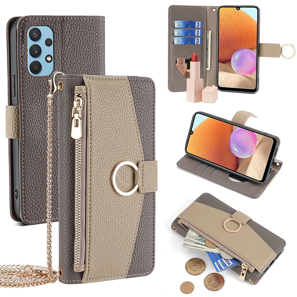 For Samsung Galaxy A32 4G (EU Version) Case PU Leather Wallet Cover with Crossbody Shoulder Strap - Grey