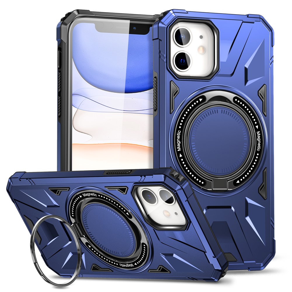 For iPhone 12 / 12 Pro 6.1 inch Phone Case TPU+PC Magnetic Back Shell with Rotary Kickstand - Navy Blue
