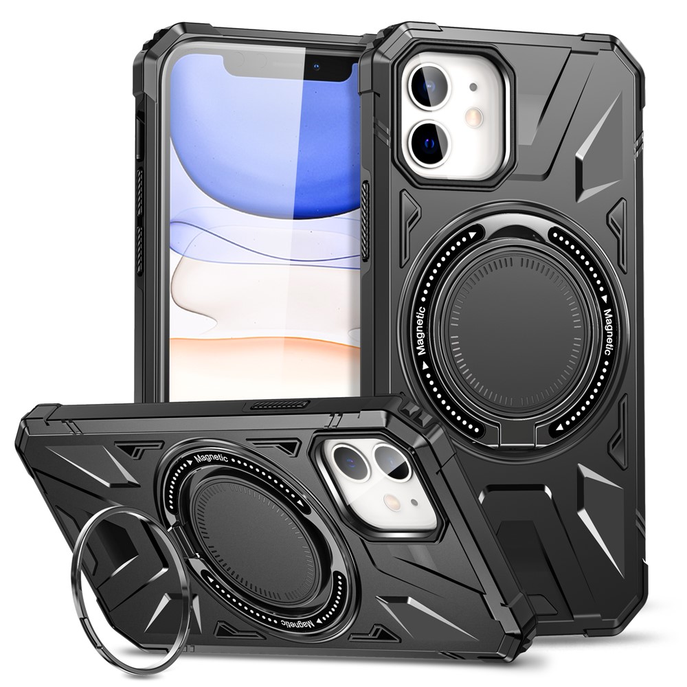 For iPhone 12 / 12 Pro 6.1 inch Phone Case TPU+PC Magnetic Back Shell with Rotary Kickstand - Black