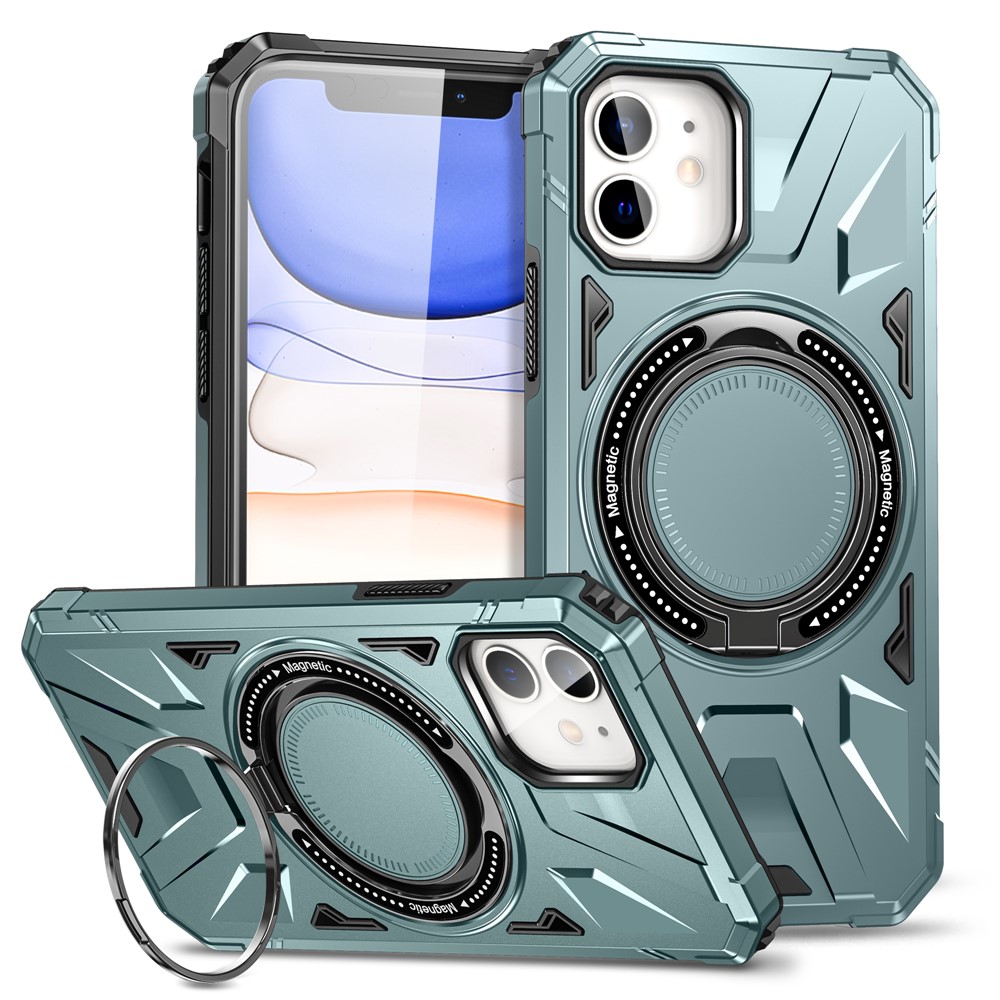 For iPhone 12 / 12 Pro 6.1 inch Phone Case TPU+PC Magnetic Back Shell with Rotary Kickstand - Green