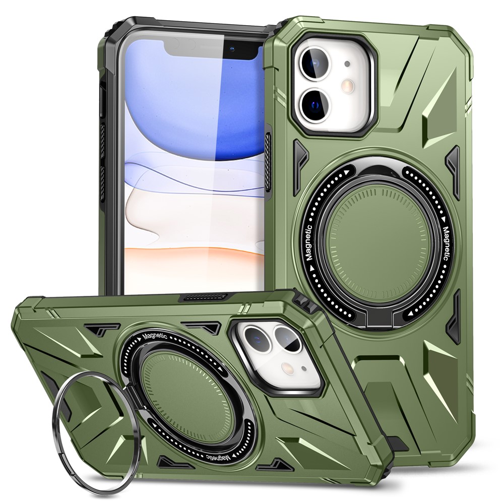 For iPhone 12 / 12 Pro 6.1 inch Phone Case TPU+PC Magnetic Back Shell with Rotary Kickstand - Dark Green