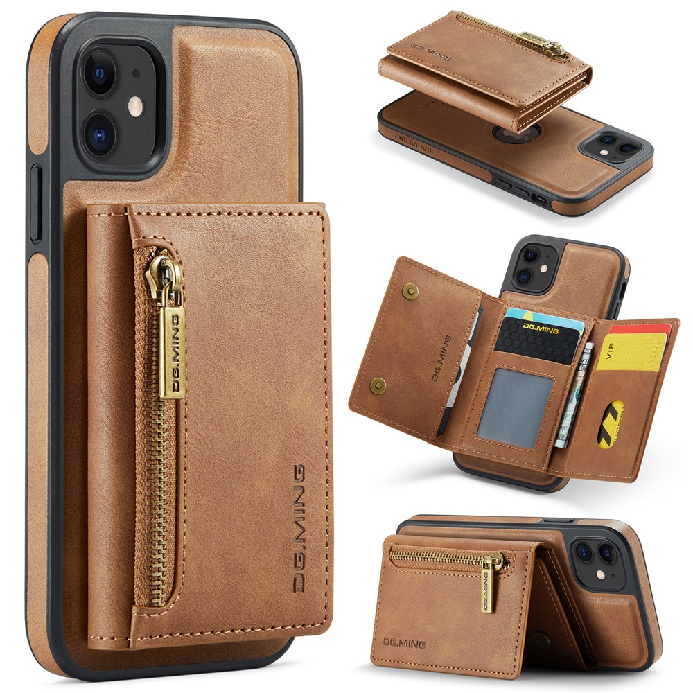 DG.MING M5 Series For iPhone 11 Wallet Case Zipper Pocket Card Slots Phone Cover - Brown