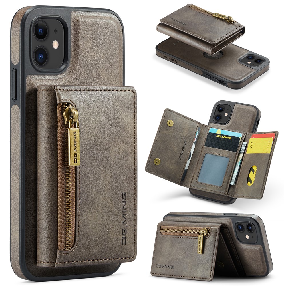 DG.MING M5 Series For iPhone 11 Wallet Case Zipper Pocket Card Slots Phone Cover - Coffee