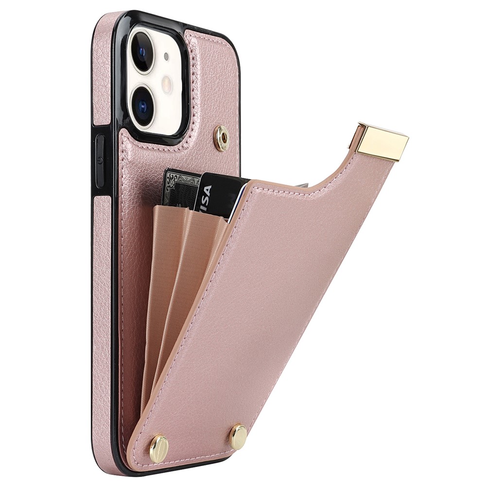 For iPhone 12/12 Pro Cell Phone Case TPU+PU Leather+Metal Hardware Shell - Rose Gold